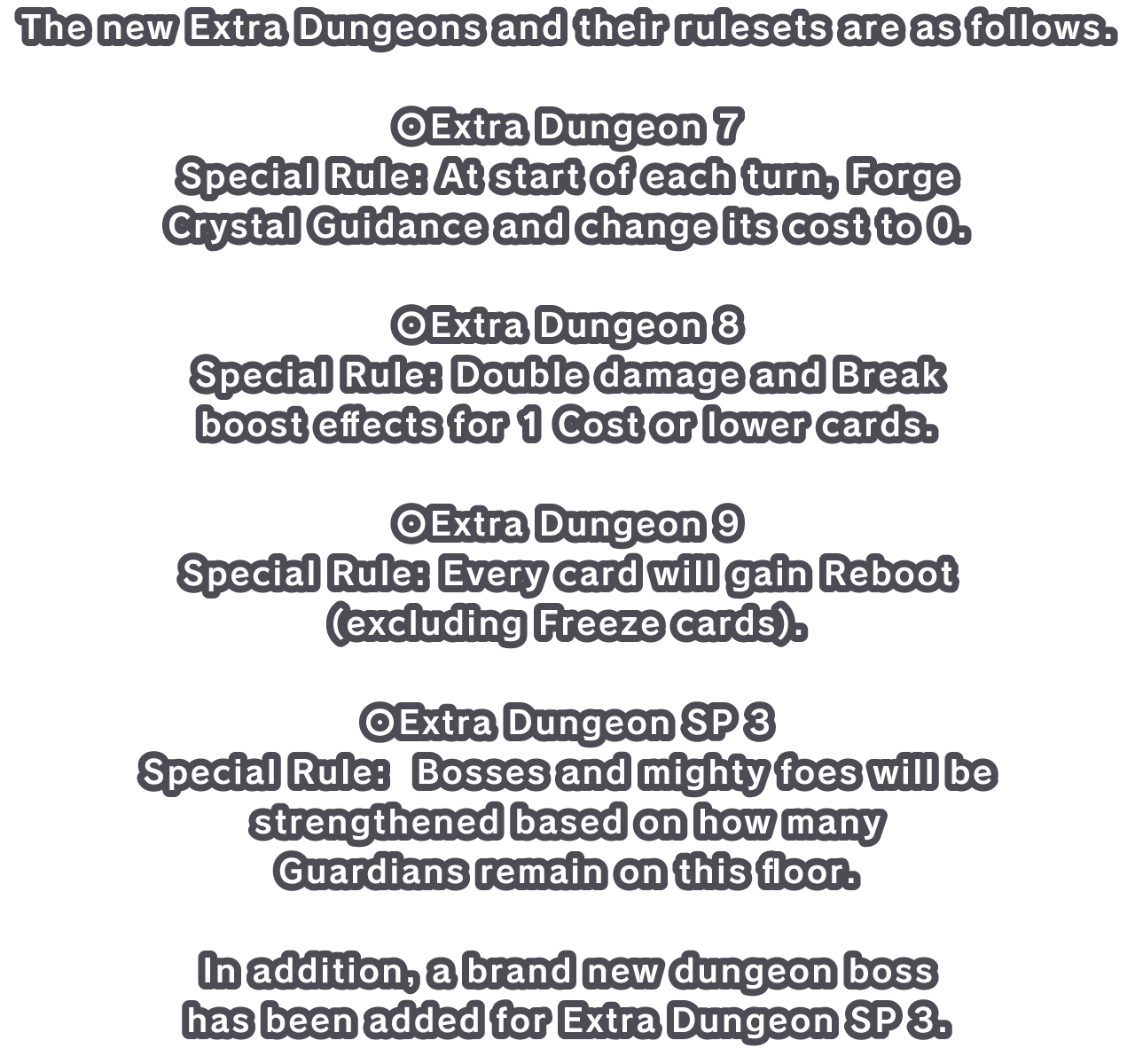 The new Extra Dungeons and their rulesets are as follows.