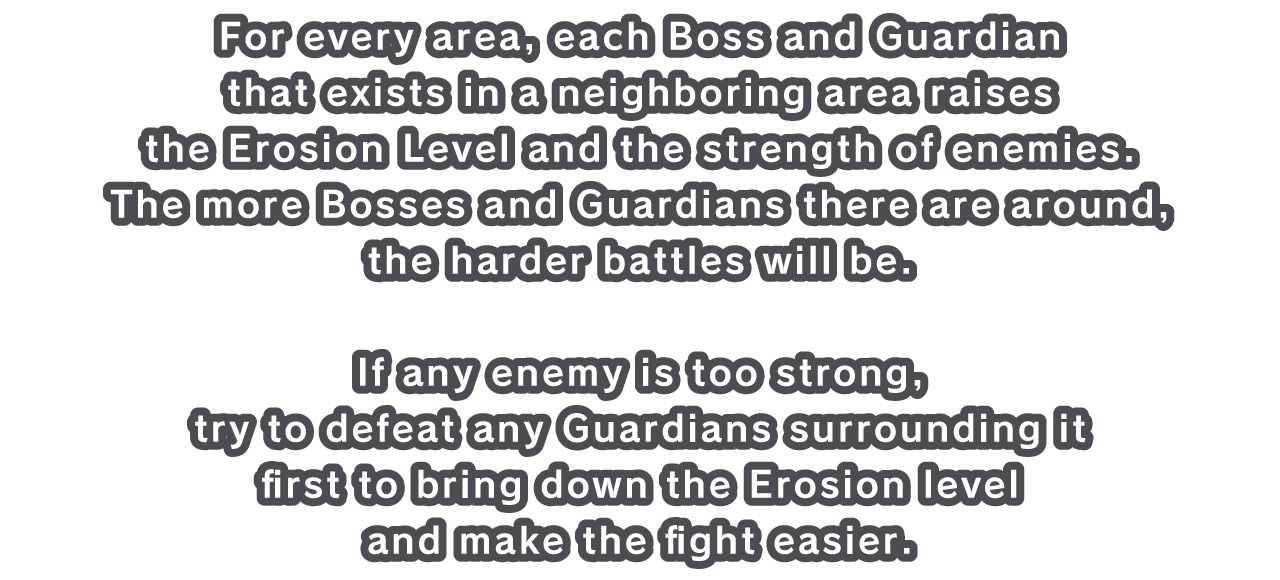 For every area, each Boss and Guardian that exists in a neighboring area raises the Erosion Level and the strength of enemies. 