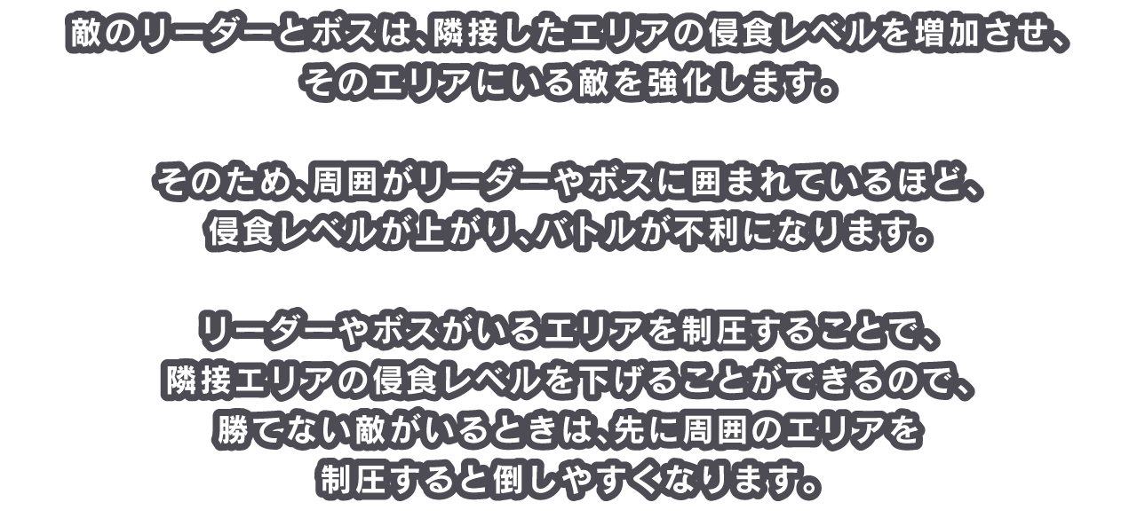 敵のリーダーとボスは、隣接したエリアの侵食レベルを増加させ、そのエリアにいる敵を強化します。