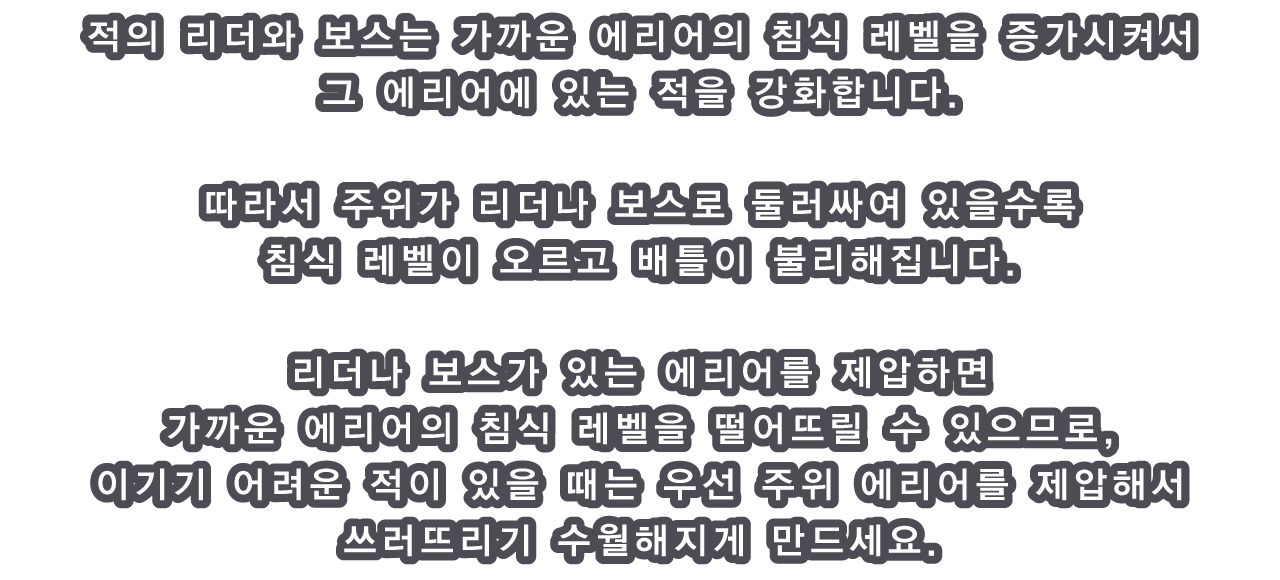 적의 리더와 보스는 가까운 에리어의 침식 레벨을 증가시켜서 그 에리어에 있는 적을 강화합니다.