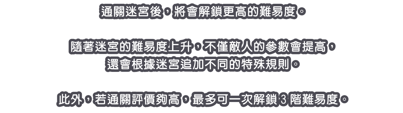 通關迷宮後，將會解鎖更高的難易度。