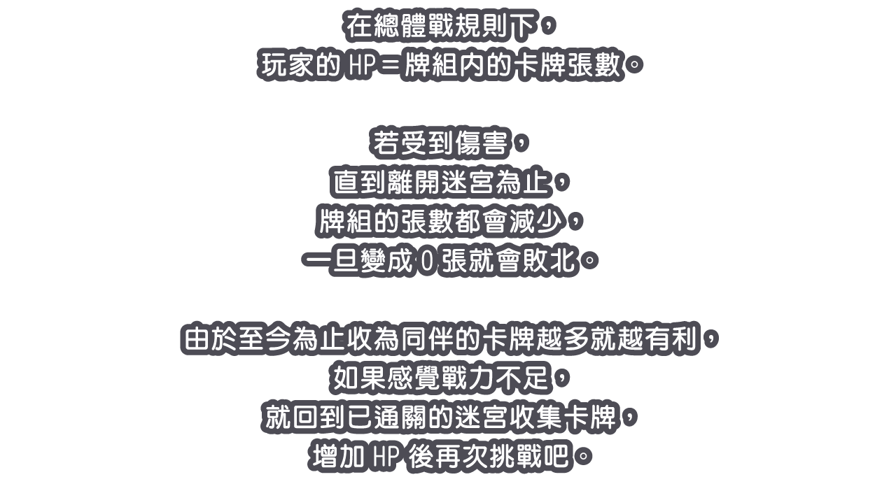 在總體戰規則下，玩家的HP＝牌組內的卡牌張數。