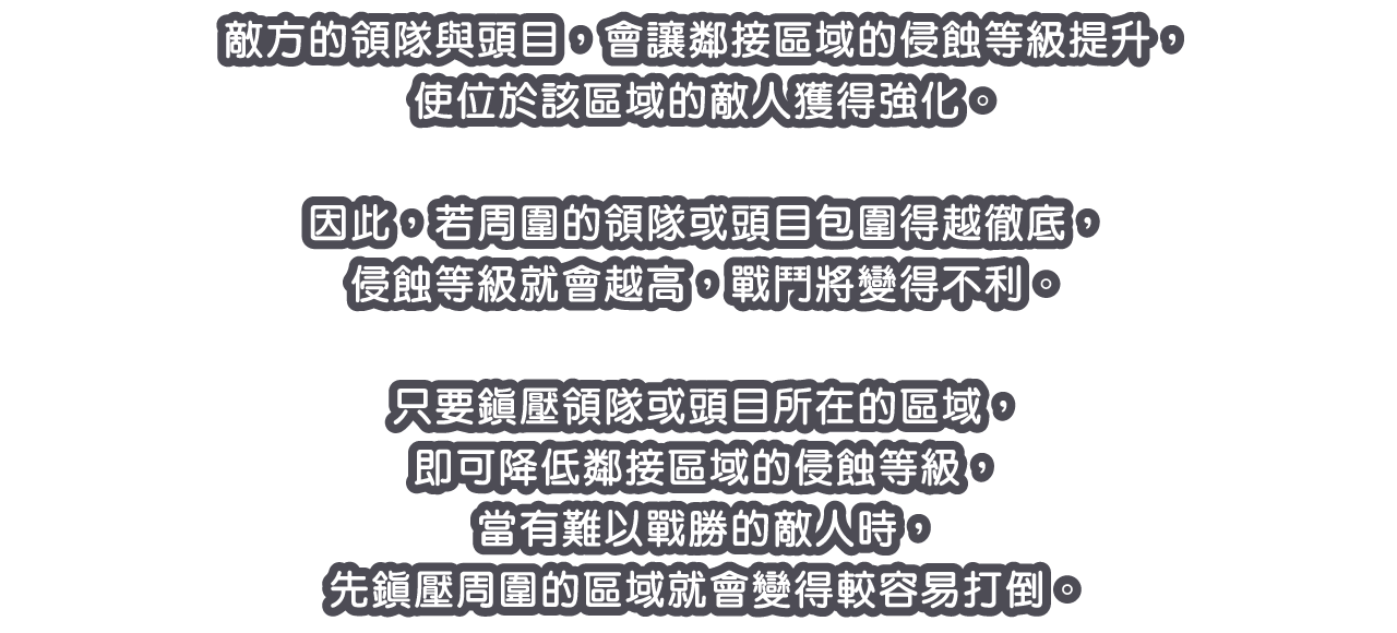 敵方的領隊與頭目，會讓鄰接區域的侵蝕等級提升，使位於該區域的敵人獲得強化。